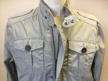 Mens, Casual Jacket, ALFRED SUNG, Lt Gray, Polyester, Solid, Medium, Zip Front with Snap Placket, Camp Pockets, Epaulets, Stand Collar with Knit Lining