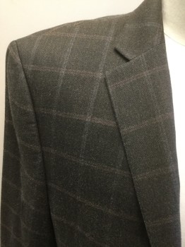 RALPH LAUREN, Dk Brown, Red, Blue, Wool, Silk, Check , Single Breasted, Collar Attached, Notched Lapel, 2 Bttns, 3 Pckts,