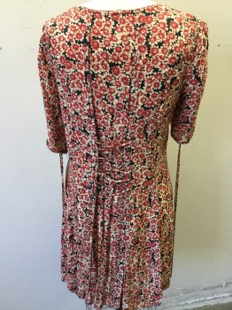 FREE PEOPLE, Cream, Black, Rust Orange, Viscose, Floral, Multiple, Button Front, Scoop Neck, Lace Up Detail on Sleeve & Back, Pleated Skirt