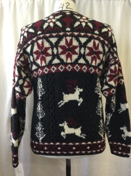 Mens, Pullover Sweater, WOOLRICH, Charcoal Gray, Red Burgundy, Ivory White, Wool, Novelty Pattern, Holiday, L, Crew Neck,