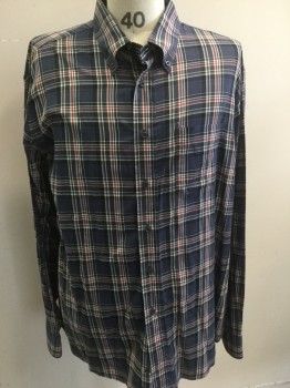 GITMAN BROS, Navy Blue, Red, White, Cotton, Plaid, Button Down Collar, Long Sleeves, Button Front,