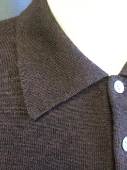 Mens, Pullover Sweater, PRONTO UOMO, Chocolate Brown, Dk Brown, Wool, Heathered, M, Polo Neck, 3 Button, Long Sleeves, Rib Knit Collar Cuffs and Waistband,
