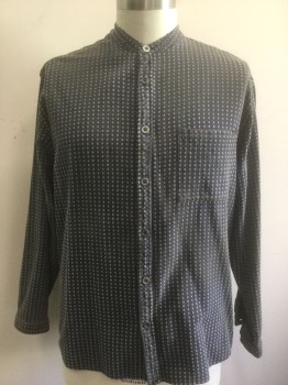 Mens, Historical Fiction Shirt, MADE IN USA, Dk Blue, Tan Brown, Cotton, Geometric, N:18, Sz.XL, Slv:36, Dusty Dark Blue with Tan X's Textured Pattern, Long Sleeve Button Front, Band Collar, 1 Patch Pocket,  Aged/Dusty Throughout, Old West Historical Reproduction