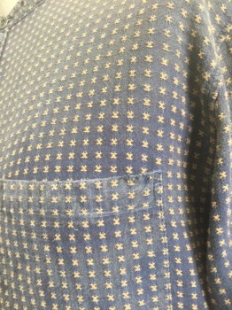 Mens, Historical Fiction Shirt, MADE IN USA, Dk Blue, Tan Brown, Cotton, Geometric, N:18, Sz.XL, Slv:36, Dusty Dark Blue with Tan X's Textured Pattern, Long Sleeve Button Front, Band Collar, 1 Patch Pocket,  Aged/Dusty Throughout, Old West Historical Reproduction