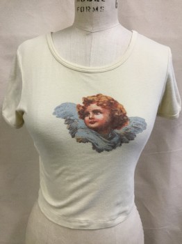 TRULY,MADLY,DEEPLY, Beige, Cotton, Solid, Human Figure, with Angel Print, CN, S/S, Cropped