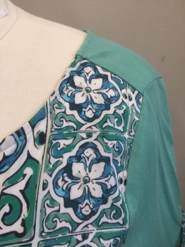 THE LIMITED, Sea Foam Green, White, Blue, Black, Aqua Blue, Polyester, Rayon, Geometric, Front is Seafoam/White/Blue/Black/Aqua in Mediterranean Tile Pattern Crepe, Short Sleeves and Back are Solid Seafoam Jersey, Pullover, Scoop Neck, Crepe Tile Pattern Accent at Sleeve Edges
