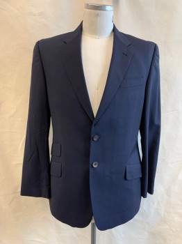 PAUL SMITH, Navy Blue, Wool, Mohair, Solid, Single Breasted, Collar Attached, Notched Lapel, Hand Picked Collar/Lapel, 4 Pockets, 2 Buttons