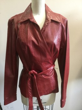 Womens, Leather Jacket, NOVIELLO BLOOM, Red, Leather, Solid, 8, Crushed Leather, Peaked Lapel, Wrap
