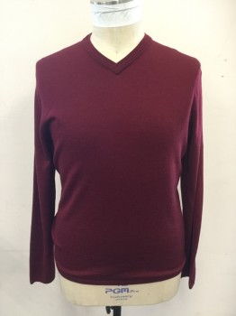 ELIE TAHARI, Red Burgundy, Wool, Solid, V-neck, Long Sleeves, Ribbed Knit Double Collar/Cuff/Waistband