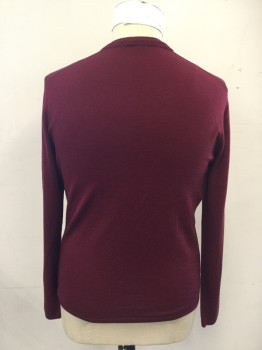Mens, Pullover Sweater, ELIE TAHARI, Red Burgundy, Wool, Solid, L, V-neck, Long Sleeves, Ribbed Knit Double Collar/Cuff/Waistband