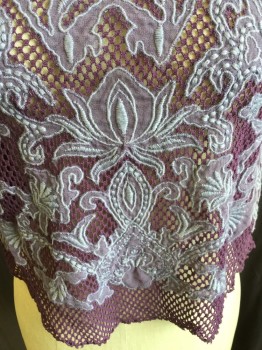 KIMCHI BLUE, Plum Purple, Dusty Purple, Ecru, Cotton, Solid, Floral, Plum Netting with Dusty Purple Large Embroidery Flower with Ecru Trim, Round Neck,  1.5 Straps, Raw Hem