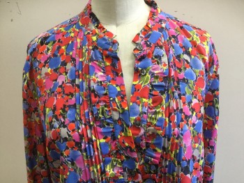J CREW, Multi-color, Silk, Floral, Long Sleeves, Button Front, Ruffle and Pin Tuck Front
