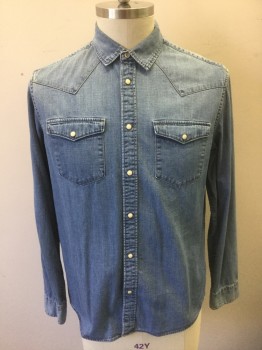 H+M, Denim Blue, Cotton, Solid, Chambray/Lightweight Denim, Long Sleeves, Snap Front, Collar Attached, Cream and Brass Snaps, 2 Pockets with Snap Closures, Tan Topstitching, Western Style Yoke