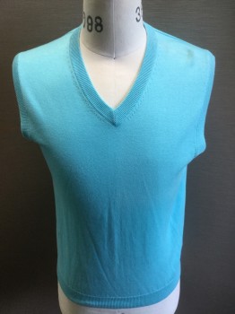 Mens, Sweater Vest, BROOKS BROTHERS, Turquoise Blue, Cotton, Solid, Small, Knit, V-neck, Pullover,