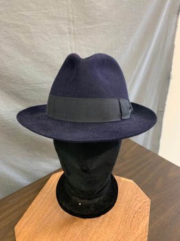 Mens, Fedora, LAIRD & CO. HATTERS, Midnight Blue, Wool, Solid, 58, 7 1/4, Wool Felt, Navy Gross Grain Ribbon Hat Band,