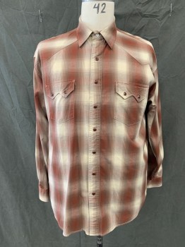 Mens, Western, RESISTOL, Brown, Cream, Chestnut Brown, Cotton, Plaid, 17.5, XL, 37, Snap Front, Collar Attached, 2 Flap Pockets, Western Yoke, Long Sleeves, Snap Cuff