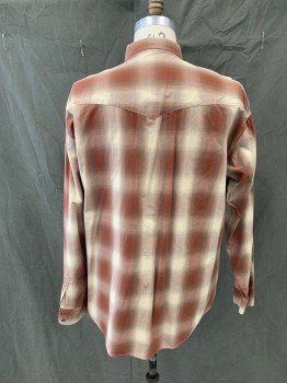 Mens, Western, RESISTOL, Brown, Cream, Chestnut Brown, Cotton, Plaid, 17.5, XL, 37, Snap Front, Collar Attached, 2 Flap Pockets, Western Yoke, Long Sleeves, Snap Cuff