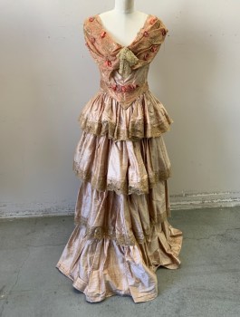 Womens, Historical Fiction Dress, N/L MTO, Peach Orange, Gold, Silk, Solid, W:27, B:36, Ball Gown, Shantung Silk, Gold and Peach Metallic Lace Shawl Neckline, Cap Sleeves, Scoop Neck, V Shaped Waist Panel, Horizontal Ruffled Tiers on Skirt with Gold Lace, Floor Length, Made To Order Historical Fantasy
