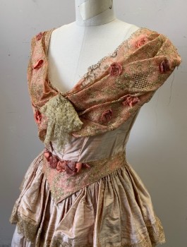 Womens, Historical Fiction Dress, N/L MTO, Peach Orange, Gold, Silk, Solid, W:27, B:36, Ball Gown, Shantung Silk, Gold and Peach Metallic Lace Shawl Neckline, Cap Sleeves, Scoop Neck, V Shaped Waist Panel, Horizontal Ruffled Tiers on Skirt with Gold Lace, Floor Length, Made To Order Historical Fantasy