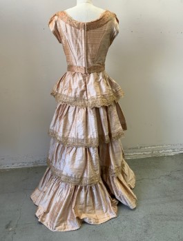 N/L MTO, Peach Orange, Gold, Silk, Solid, Ball Gown, Shantung Silk, Gold and Peach Metallic Lace Shawl Neckline, Cap Sleeves, Scoop Neck, V Shaped Waist Panel, Horizontal Ruffled Tiers on Skirt with Gold Lace, Floor Length, Made To Order Historical Fantasy