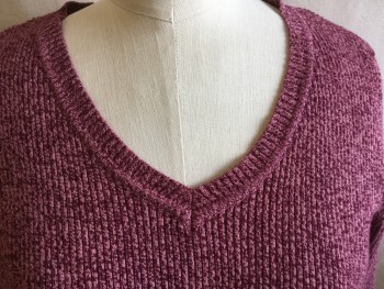 KAREN SCOTT, Dusty Rose Pink, Red Burgundy, Cotton, 2 Color Weave, Heathered, Ribbed Knit,  Different Ribbed V-neck, Long Sleeves Cuff and Hem