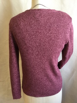 KAREN SCOTT, Dusty Rose Pink, Red Burgundy, Cotton, 2 Color Weave, Heathered, Ribbed Knit,  Different Ribbed V-neck, Long Sleeves Cuff and Hem