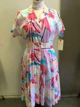 N/L, White, Pink, Peach Orange, Black, Blue, Cotton, Abstract , Floral, Short Sleeves, Button Front, Collar Attached, 2 Pockets, Small Hole on Shoulder