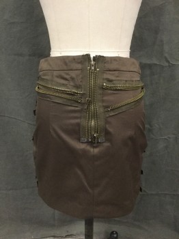 Womens, Skirt, Mini, SEASON J'S, Dk Olive Grn, Poly/Cotton, Solid, S, Zig-Zag Zipper Detail, Dark Brownish Green Fabric with Luster, Zip Back