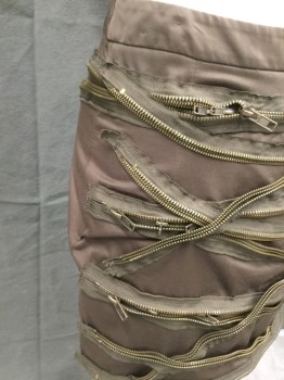 Womens, Skirt, Mini, SEASON J'S, Dk Olive Grn, Poly/Cotton, Solid, S, Zig-Zag Zipper Detail, Dark Brownish Green Fabric with Luster, Zip Back