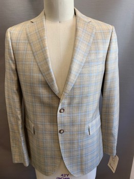 BARTORELLI, Khaki Brown, Lt Blue, Black, Silk, Wool, Plaid, 2 Button Front, Notched Lapel, 3 Pockets, *stain in Back
