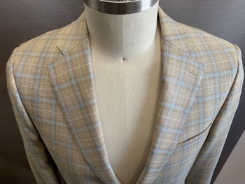 BARTORELLI, Khaki Brown, Lt Blue, Black, Silk, Wool, Plaid, 2 Button Front, Notched Lapel, 3 Pockets, *stain in Back