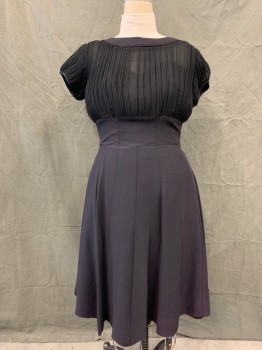 N/L, Black, Acetate, Solid, Fortuny Style Pleated Front Sheer Top and Short Sleeves with Sweetheart Neckline Lining, Zip Back, Waist Band Front, Gored Skirt, Hem Below Knee,