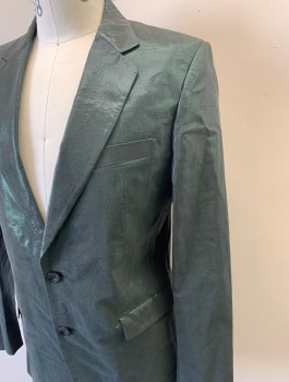 N/L, Dk Green, Metallic, Wool, Polyester, Sharkskin, Single Breasted, 2 Buttons, Notched Lapel, 3 Pockets, Lining is Black with Self Diamond Pattern