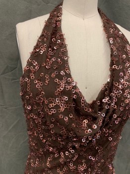 Womens, Cocktail Dress, MARINA, Dk Brown, Copper Metallic, Silk, Solid, W 26, B 34, Sheer Dark Brown with Copper Donut Shaped Sequins, Draped Halter, Side Zip, Multiple Layers, Asymmetrical