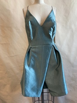 TOPSHOP, Dusty Blue, Metallic, Viscose, Polyester, Solid, V-neck, Spaghetti Straps, Criss Cross Back Straps, Pleated Skirt