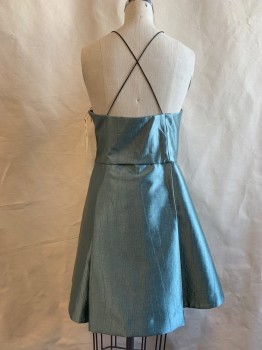 TOPSHOP, Dusty Blue, Metallic, Viscose, Polyester, Solid, V-neck, Spaghetti Straps, Criss Cross Back Straps, Pleated Skirt