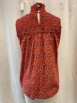 JOIE, Orange, Pink, Black, Poly/Cotton, Abstract , Turtleneck, Button Closure on Back of Neck, Sleeveless, Shirred Top Half