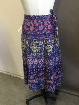 Womens, Skirt, Long, N/L, Purple, Red, Chartreuse Green, Pink, Gray, Cotton, Floral, Animal Print, 28+, Floral Animal Print, Wrap Skirt