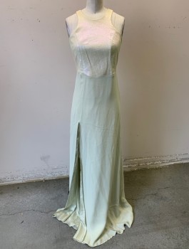 Womens, Evening Gown, MASON, Eggshell White, Pearl White, Silk, Vinyl, Solid, Sz.0, Top/Bodice is Pearl Metallic Vinyl, with Pebbled Texture, Below Waist is Eggshell Chiffon, Sleeveless, Round Neck, Princess Seams, Floor Length, Center Back Zipper, **Dirty/Stained at Hem