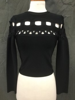 Womens, Top, BEBE, Black, Rayon, Nylon, Solid, S, Vertical Ribbed Knit, Stretch, Open Strap Weaving Across Chest and Shoulders, Crew Neck, Long Sleeves, Zip Back