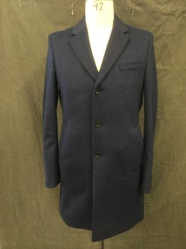 Mens, Coat, Overcoat, HUGO BOSS, Dk Blue, Wool, Cashmere, Heathered, 42, Button Front, Collar Attached, Notched Lapel, 3 Pockets, Long Sleeves, Knee Length