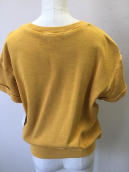 Womens, Top, FRAME, Mustard Yellow, Cotton, Solid, S, Crew Neck, Short Sleeves with Cuffs, Pull Over, Sweat Shirt Style