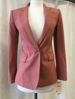 Womens, Blazer, THEORY, Salmon Pink, Wool, Spandex, Solid, 0, Notched Lapel, Collar Attached, 1 Button, 2 Pockets,