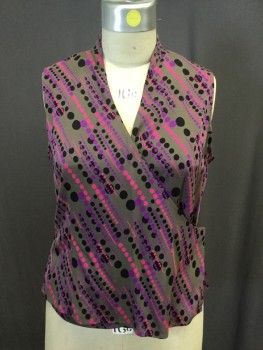 EUR ME, Taupe, Black, Pink, Purple, Silk, Lycra, Dots, Stretch Silk Sleeveless Blouse, V.neck, Wrap Style with Snap Closures