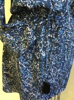 REBECCA TAYLOR, Dk Gray, Black, Turquoise Blue, Midnight Blue, Blush Pink, Silk, Abstract , Charcoal Gray Lining, Round V-neck, Puffy/pleat Long Sleeves with 1" Cuff,  Self Thin D-string Waist with Balck Tassels