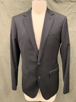 BONOBOS, Black, Wool, Lycra, Solid, Single Breasted, Collar Attached, Notched Lapel, 2 Buttons,  3 Pockets