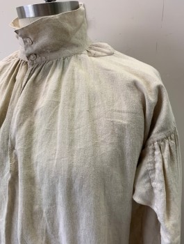 N/L, Beige, Cotton, Solid, Long Puffy Sleeves Gathered at Shoulders, Soft Stand Collar Attached, Pullover, 2 Buttons at Neck with V Neck Below Collar, Aged with Overall Worn Look, Some Stains, Historical Reproduction