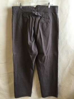 Mens, Historical Fiction Pants, FOX 472/WAH MAKER , Lt Gray, Faded Black, Cotton, Stripes - Vertical , 38/33, 2" Waistband with 7 " WAH MAKER USA" Silver Button, Flat Front, Silver Button Front, 4 Pockets, Short Belt with Silver Metal Buckle