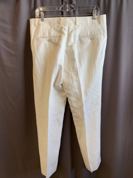 Mens, Casual Pants, SAKS FIFTH AVENUE, White, Linen, Silk, Solid, 30, 34, Zip Front, Extended Waistband with Button, 4 Pockets, Flat Front, Creased