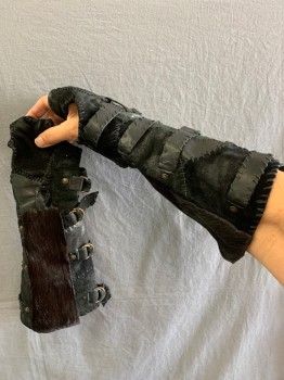 BILL HARGATE, Iridescent Green, Black, Leather, Fur, Fish Scales, Reptile/Snakeskin, Elbow Length Fingerless Gloves, Zip, Fut, Buckles, Straps